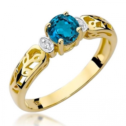 Pierścionek ze złota próby 585 z Topazem London Blue 0,50ct i Brylantami. W-0014TLB